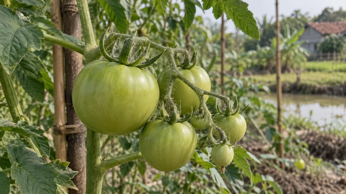 Minh họa AI: Chùm cà chua xanh có các quả đang tăng kích thước