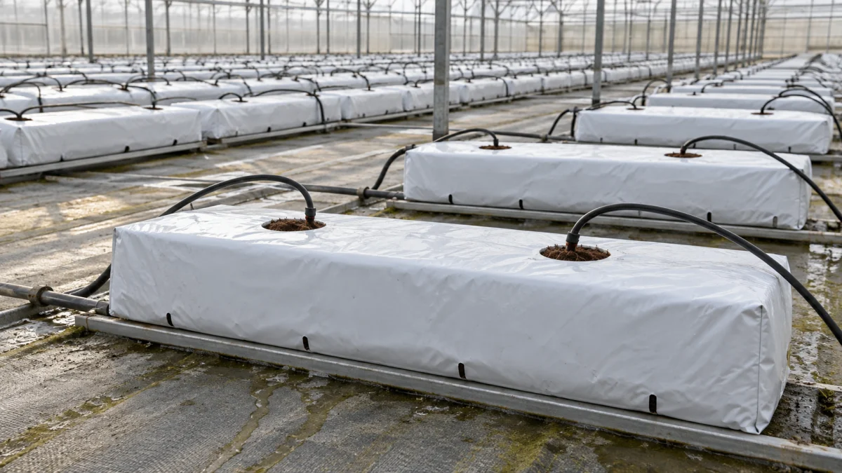 Minh họa AI: Growbag trước trồng có đầu nhỏ giọt và vị trí thoát nước