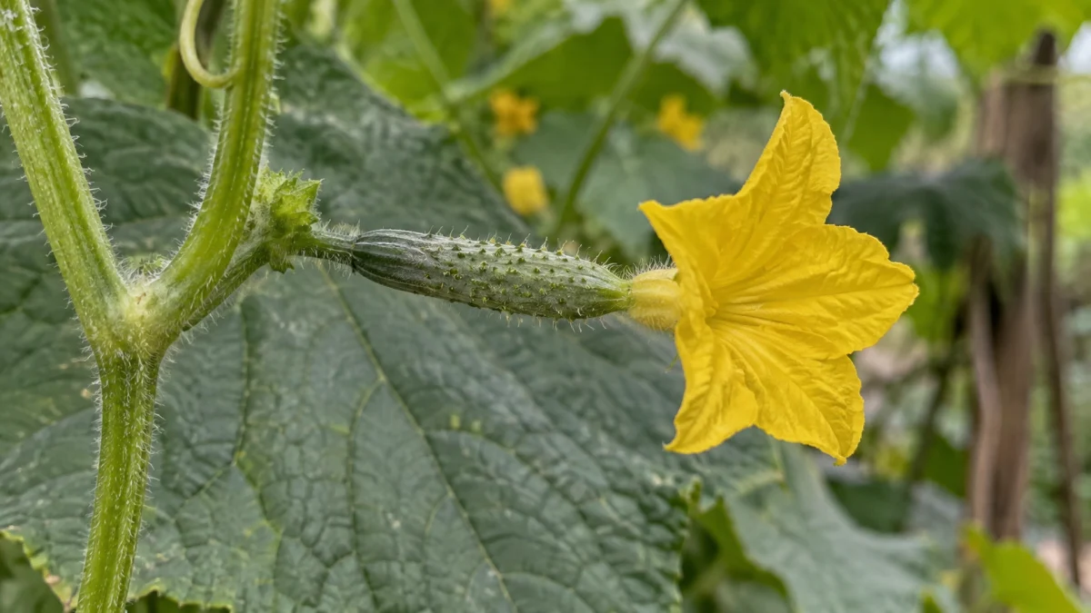 Minh họa AI: Hoa cái dưa leo với bầu nhỏ phía sau hoa