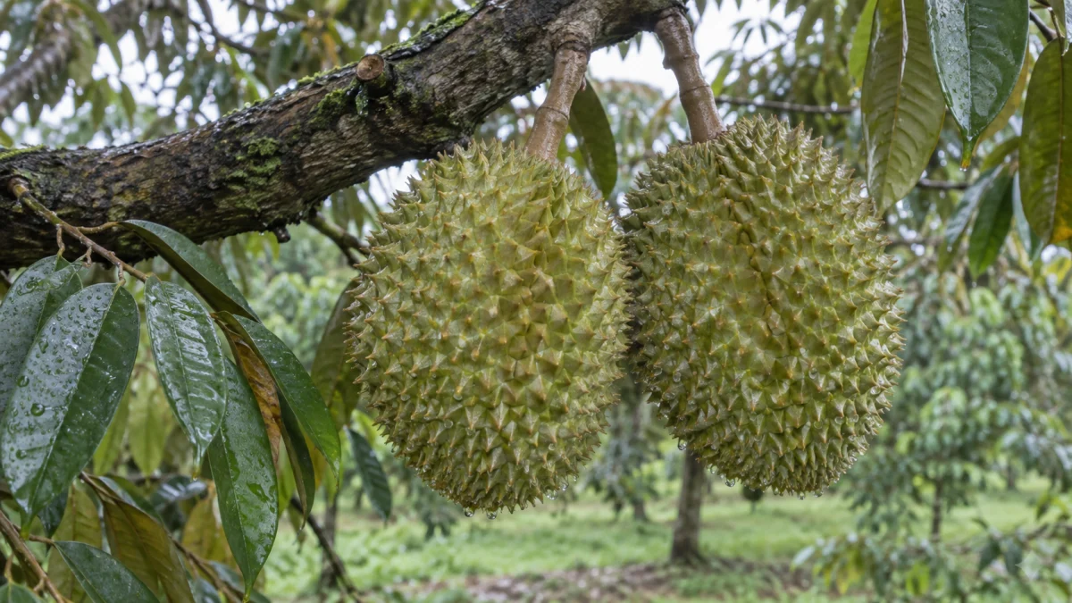 Minh họa AI: trái sầu riêng đang lớn và bộ lá còn đọng nước mưa