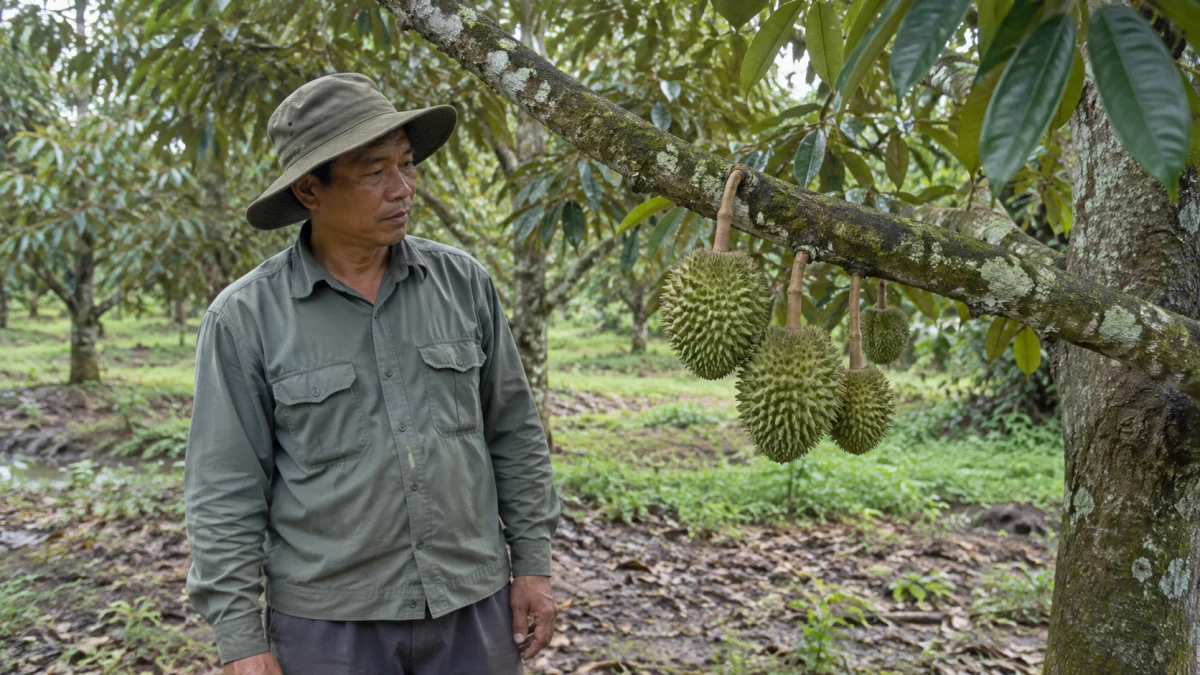 Minh họa AI: sầu riêng rụng trái non sau mưa – theo dõi trái trên cây và mức độ rụng trước khi điều chỉnh chăm sóc