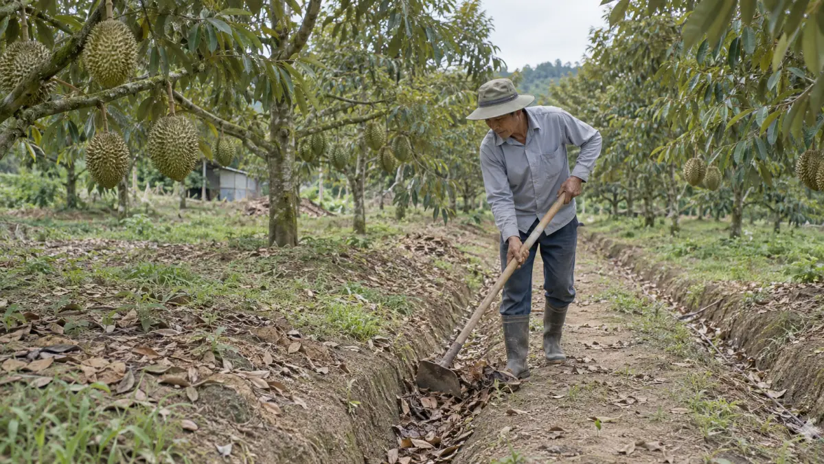Minh họa AI: sầu riêng sau mưa kéo dài – khơi thông rãnh thoát nước giữa các hàng cây sau mưa kéo dài