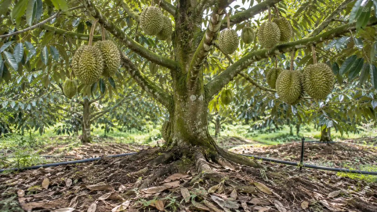 Minh họa AI: Gốc sầu riêng mang trái và hệ thống tưới