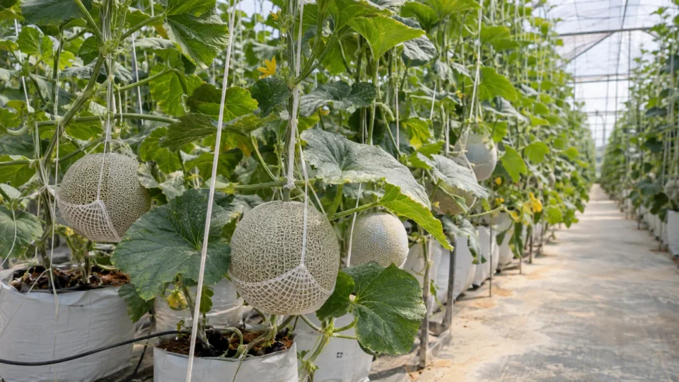 Minh họa AI: dưa lưới nuôi trái lên lưới